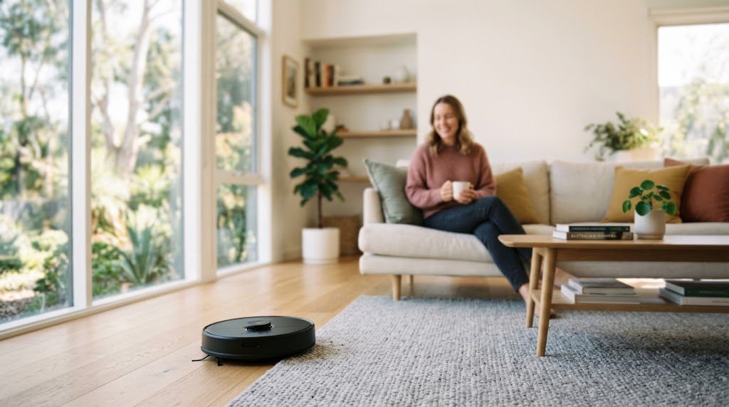 A robot vacuum cleaning a modern Australian living room with tile and carpet