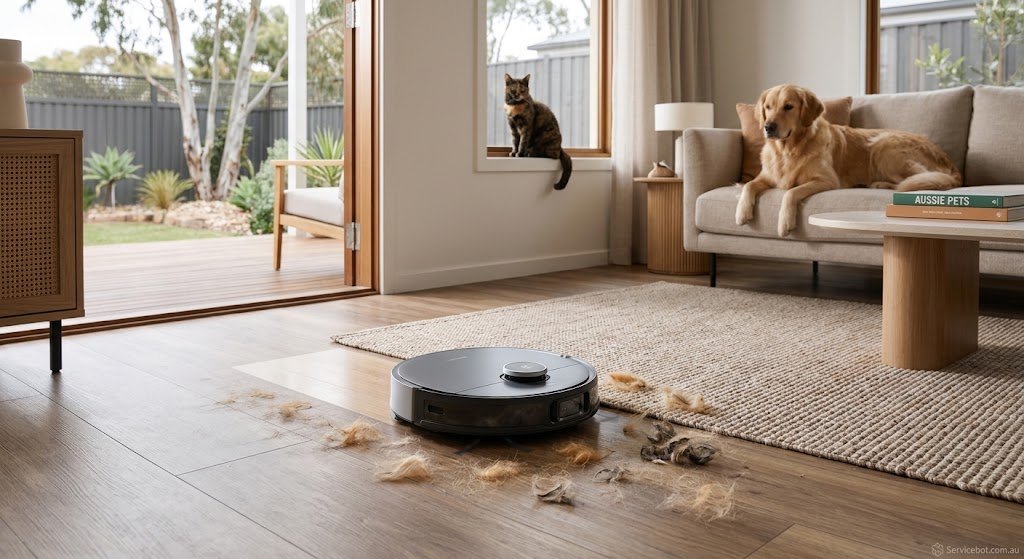 A premium robot vacuum cleaning dog and cat hair off a hard floor in an Australian home