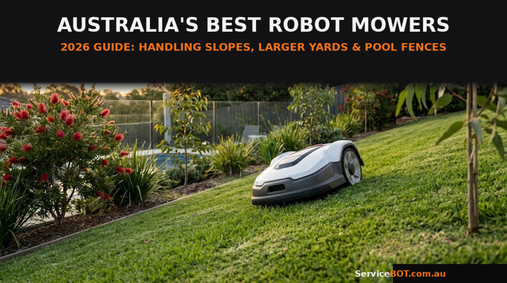 A robotic lawn mower on a sloped grass lawn with a pool fence in the background, illustrating ServiceBot's Best Robot Lawn Mowers Australia 2026 guide
