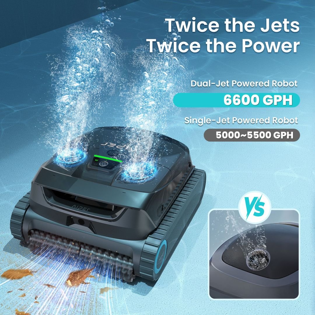Aiper Scuba X1 dual-jet 6600 GPH suction compared with single-jet robots