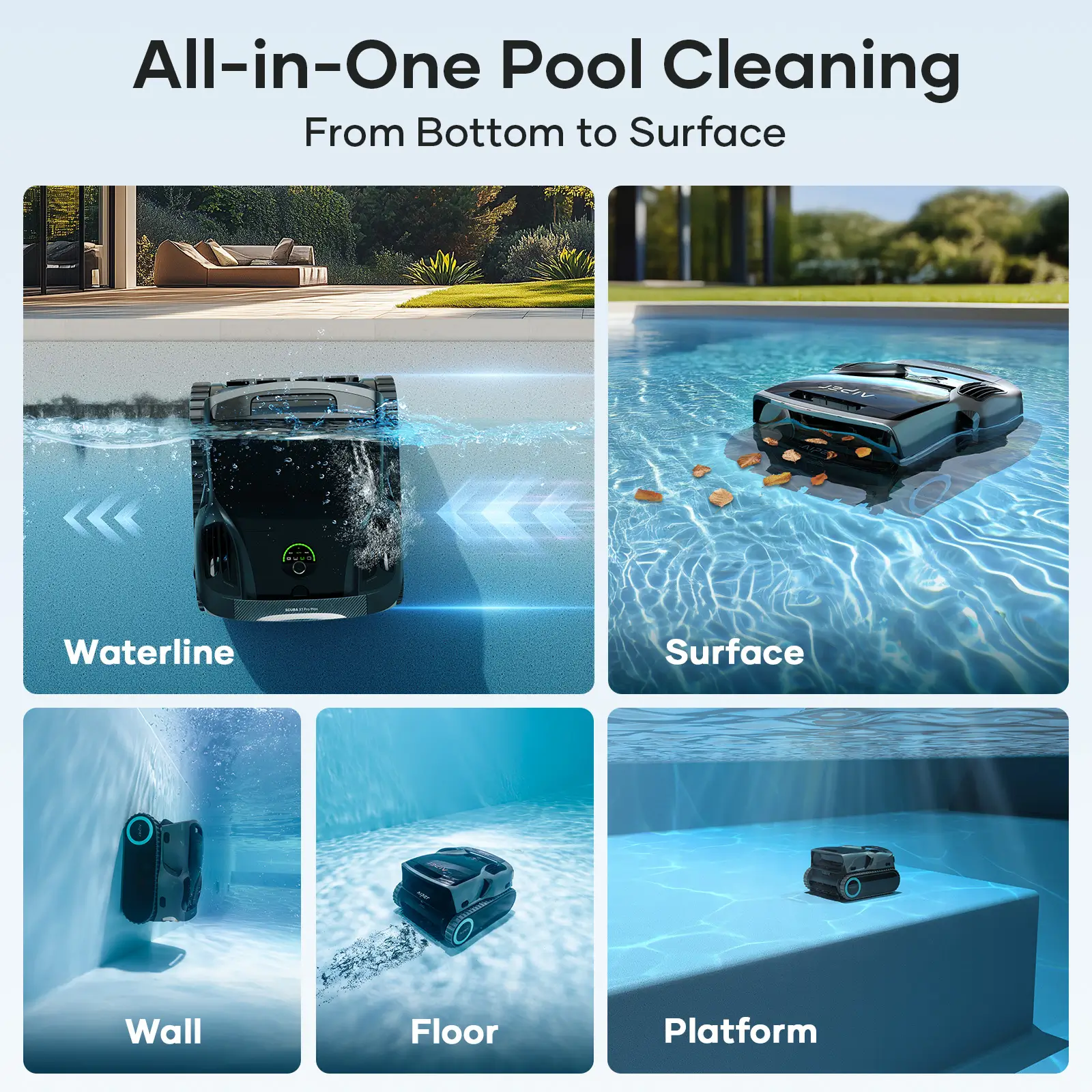 Aiper Scuba X1 Pro Max cleaning floor, walls, waterline and surface