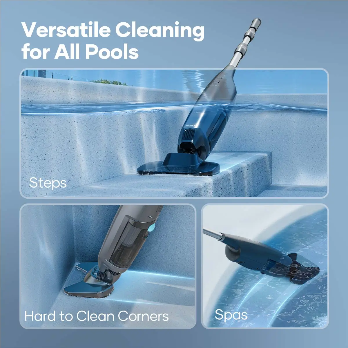 Aiper PilotFlow X1 cleaning steps, corners and pool floor