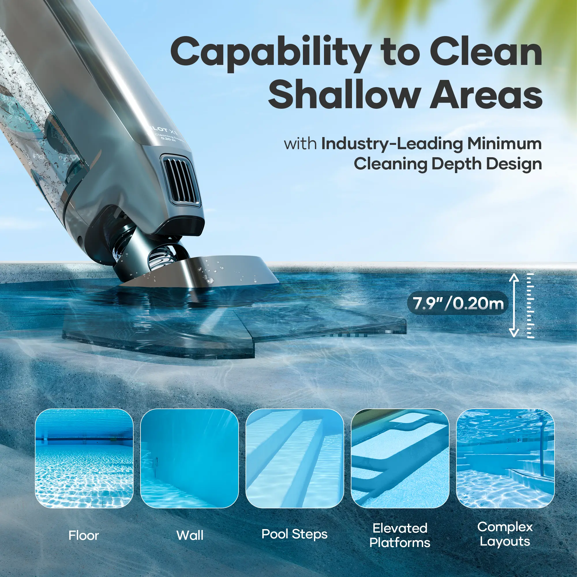 Aiper PilotFlow X1 cleaning shallow water from 0.2m