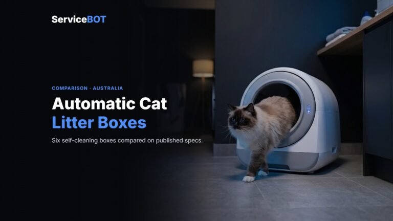 ServiceBot guide cover: a long-haired cat stepping out of a self-cleaning litter box in a dark room, headline Automatic Cat Litter Boxes