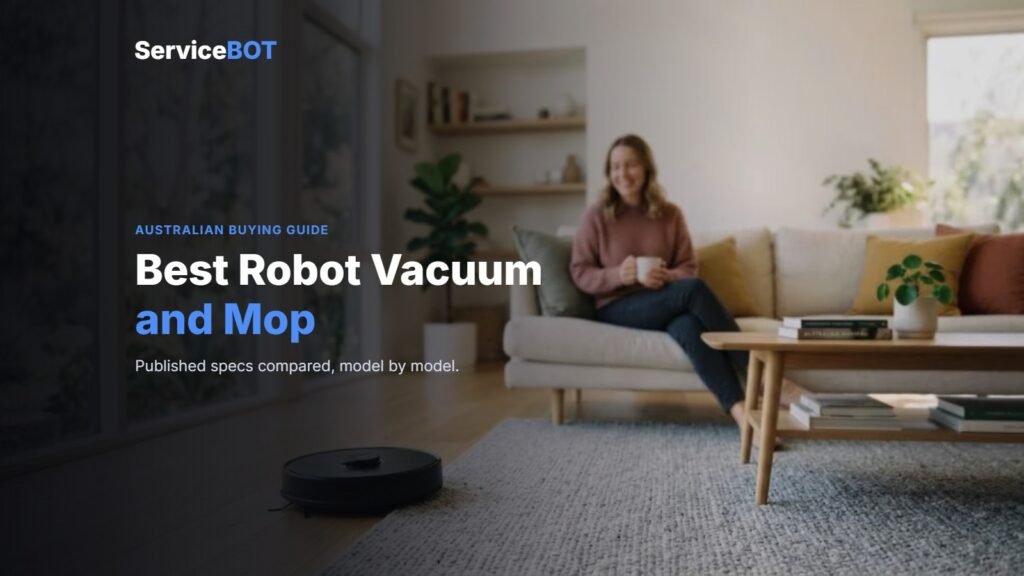 ServiceBot guide cover: a robot vacuum crossing a living room rug, headline Best Robot Vacuum and Mop, Australian buying guide