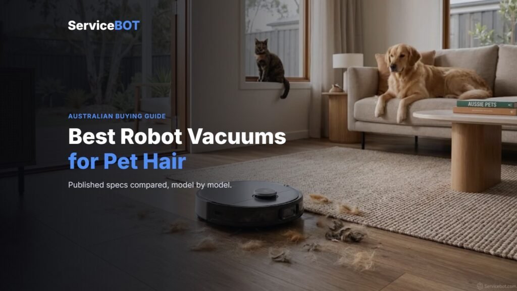 ServiceBot guide cover: a dog and cat in a living room with a robot vacuum on the floor, headline Best Robot Vacuums for Pet Hair