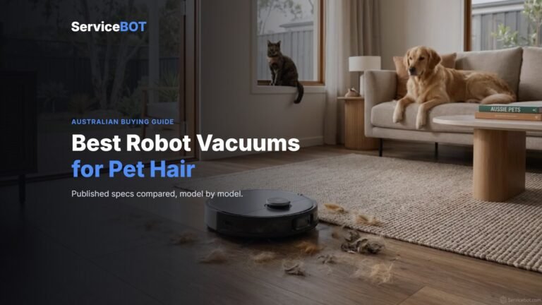 ServiceBot guide cover: a dog and cat in a living room with a robot vacuum on the floor, headline Best Robot Vacuums for Pet Hair