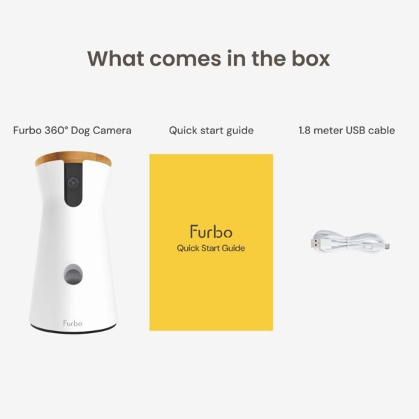 Furbo 360° Dog Camera with its quick start guide and USB cable