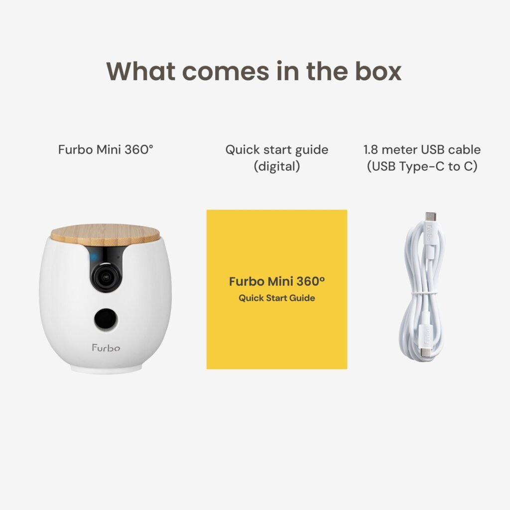 Furbo Mini 360° pet camera with its quick start guide and USB-C cable