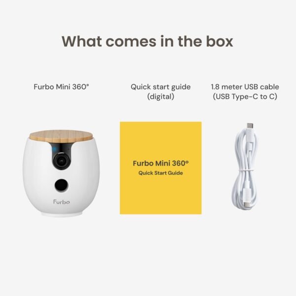 Furbo Mini 360° pet camera with its quick start guide and USB-C cable