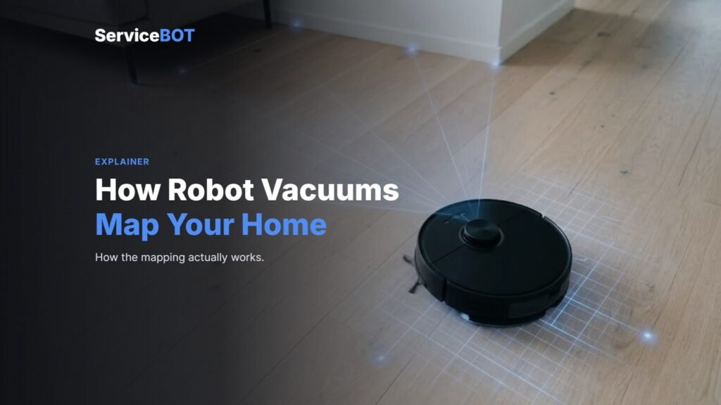 ServiceBot explainer cover: a robot vacuum projecting navigation beams across a floor, headline How Robot Vacuums Map Your Home