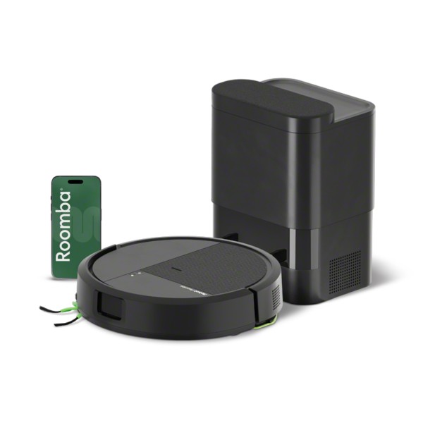 iRobot Roomba 115 Combo robot vacuum and mop beside its AutoEmpty dock