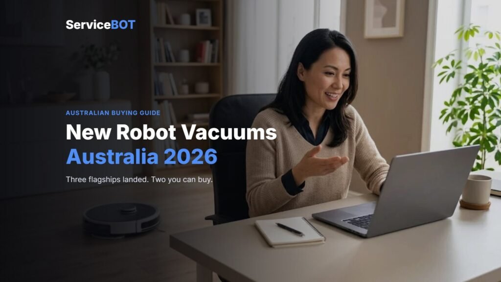 A robot vacuum cleaning a timber floor in an Australian home office while a woman works at her desk, with ServiceBot guide branding
