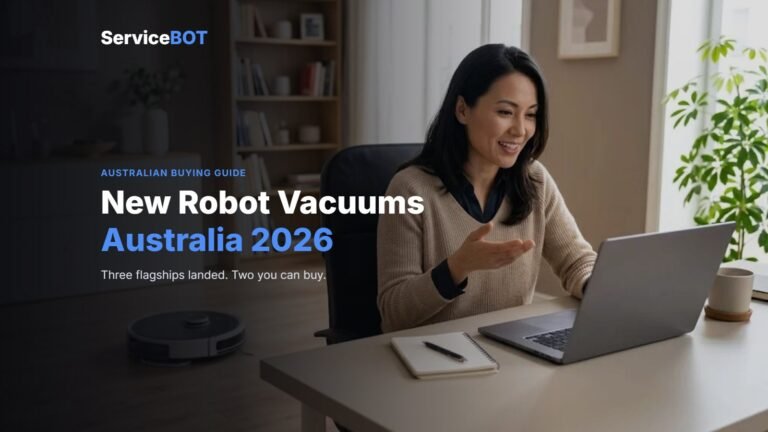 A robot vacuum cleaning a timber floor in an Australian home office while a woman works at her desk, with ServiceBot guide branding