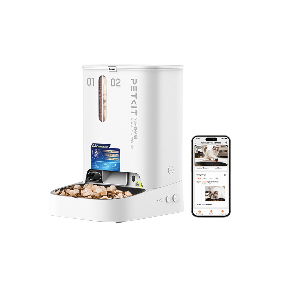 PETKIT YumShare Dual-Hopper 2 camera feeder with two food hoppers and a split bowl, shown beside a phone