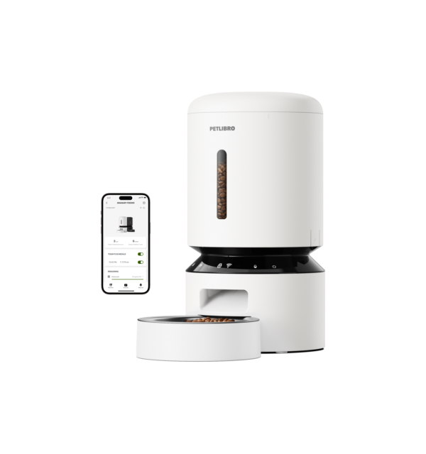 PETLIBRO Granary Smart Feeder, a white automatic feeder with a stainless steel bowl, shown beside a phone running the app
