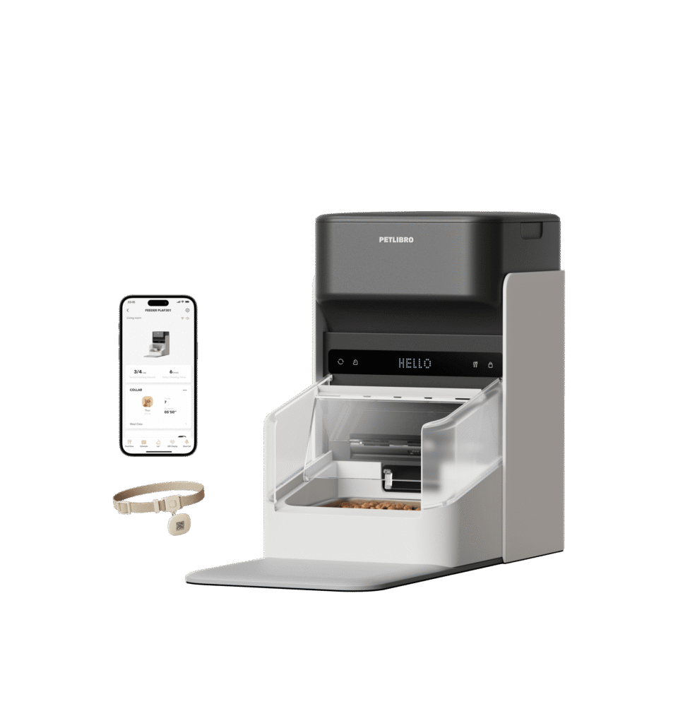 PETLIBRO One RFID Smart Feeder with its covered bowl and reader mat, shown with the RFID collar tag and the app