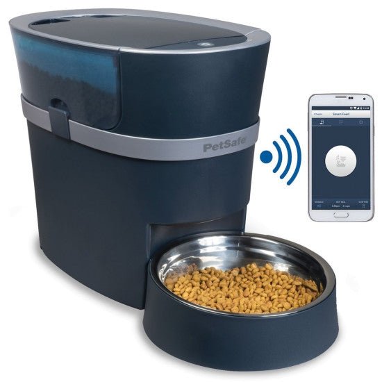 PetSafe Smart Feed automatic feeder in dark grey with a stainless bowl of kibble, shown beside a phone
