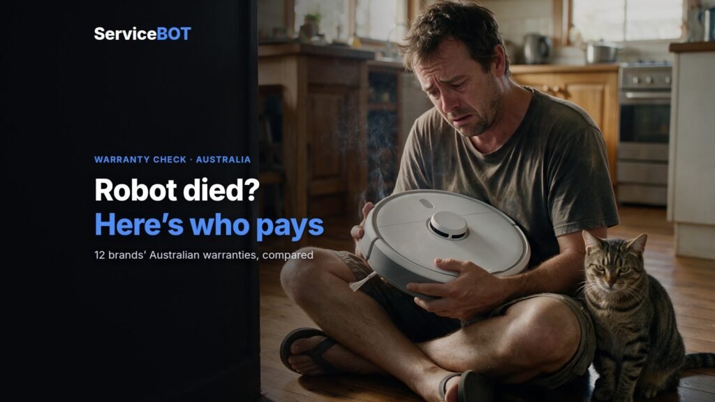 A man sits on his kitchen floor cradling a broken, smoking robot vacuum while his cat looks on, under the headline Robot died? Here’s who pays