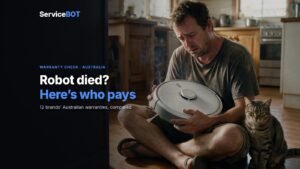A man sits on his kitchen floor cradling a broken, smoking robot vacuum while his cat looks on, under the headline Robot died? Here’s who pays