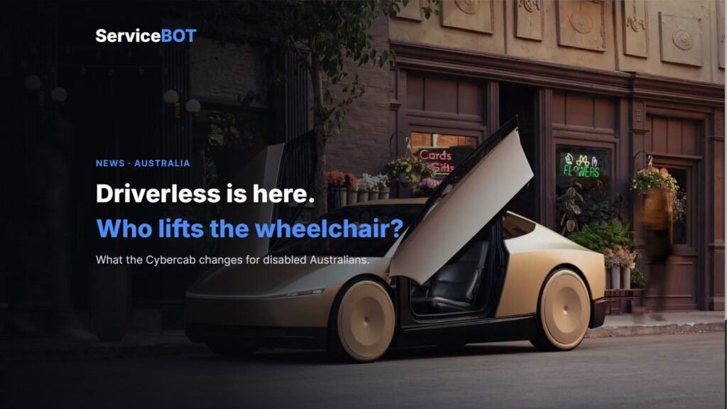 ServiceBot news cover: a two-door autonomous taxi with its doors raised on a city street, headline Driverless is here, who lifts the wheelchair