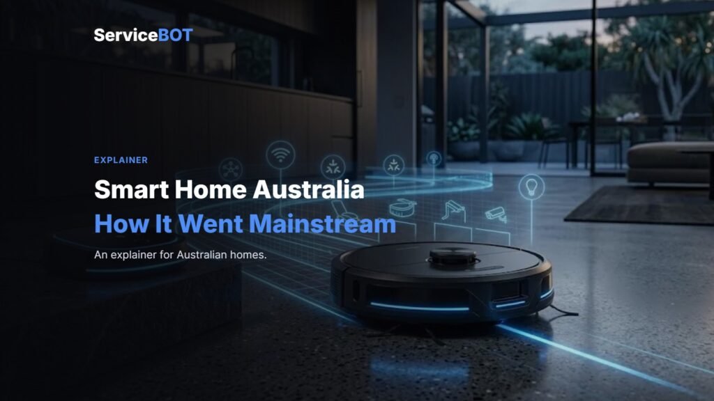 ServiceBot explainer cover: a living room with connected devices and a robot vacuum, headline Smart Home Australia, How It Went Mainstream