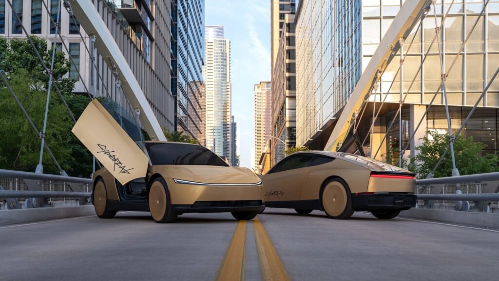 Two Tesla Cybercabs on a city bridge, one with its butterfly door raised