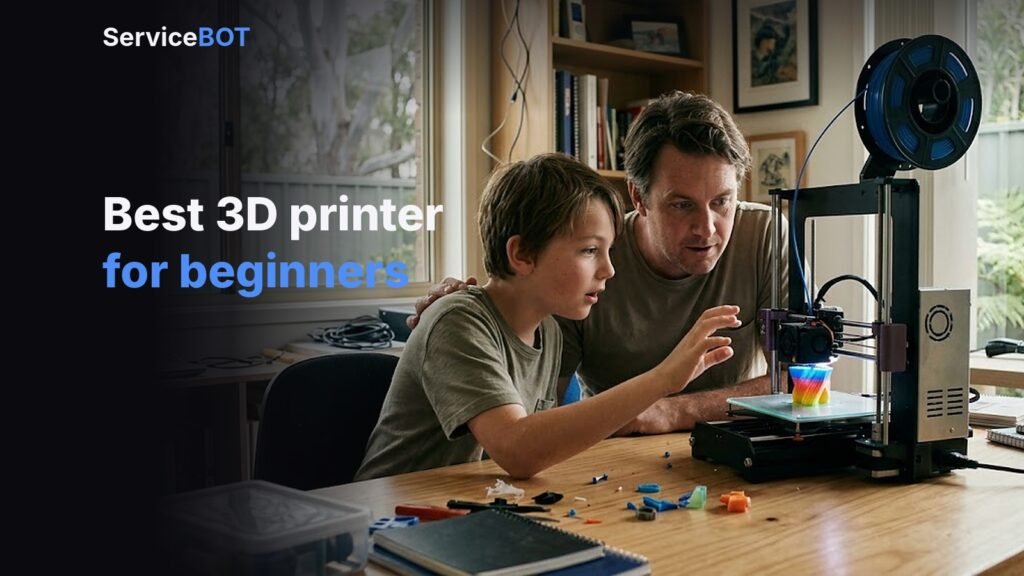 A father and son watch a desktop 3D printer make a colourful print at home