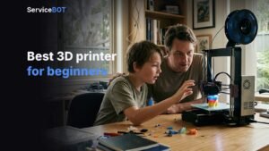 A father and son watch a desktop 3D printer make a colourful print at home