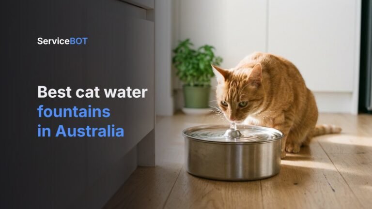 A ginger cat drinking from a stainless steel pet water fountain on a timber kitchen floor