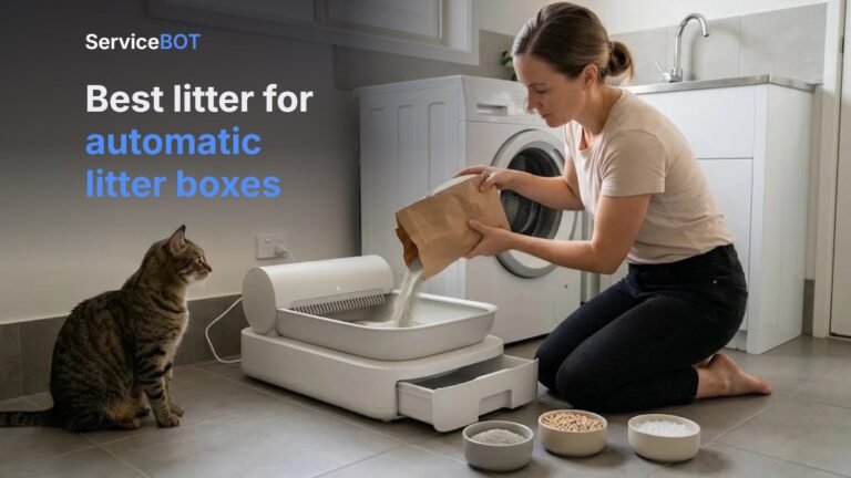 A woman pours fine clay litter from a plain paper bag into an automatic self-cleaning litter box in a laundry while a tabby cat watches, with bowls of clay, tofu and crystal litter on the floor