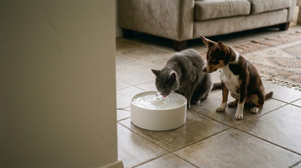 A grey cat drinks from a white pet water fountain while a brown and white dog waits beside it