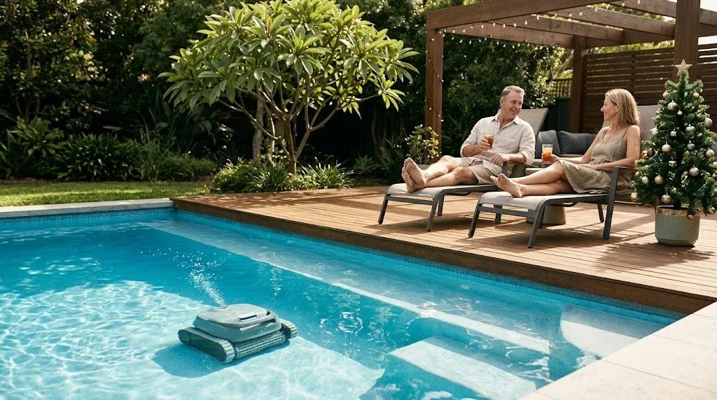 A couple in their fifties relaxing on sun lounges with drinks beside their pool on Christmas afternoon while a robotic pool cleaner works on the pool floor