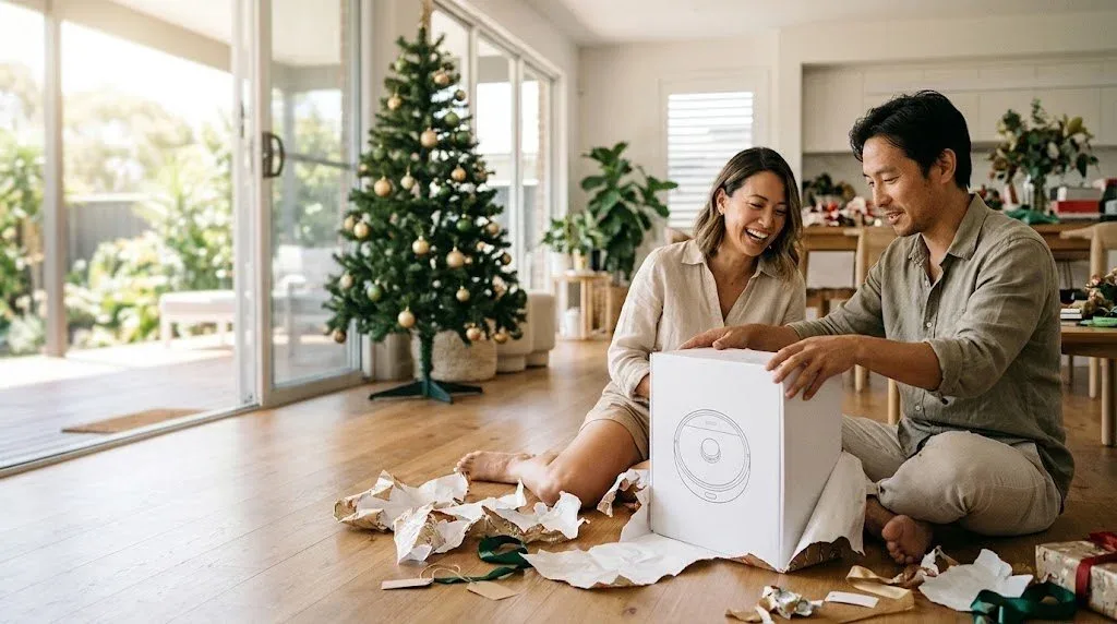 A couple laughing on the living room floor on Christmas morning as they unwrap a large white box with a robot vacuum drawn on it