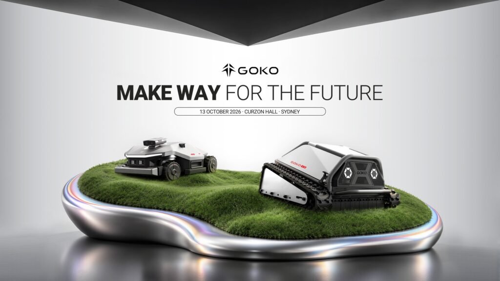 GOKO launch artwork: the M6 robot lawn mower and the X5 tracked machine on a lawn display, Make Way For The Future, 13 October 2026, Curzon Hall, Sydney