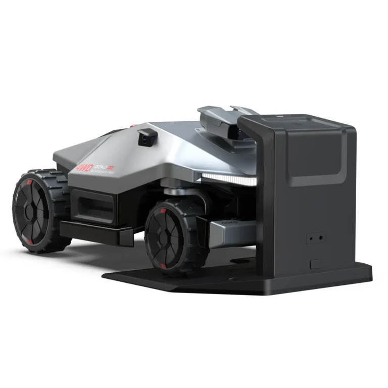 GOKO M6 robot lawn mower beside its charging dock