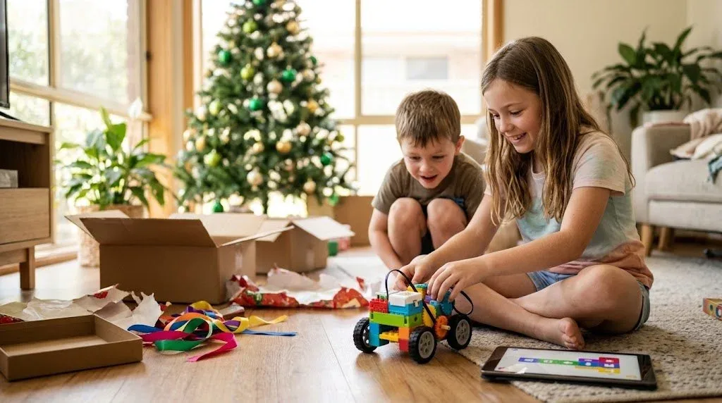 A girl and her younger brother on the lounge room floor on Christmas Day, building a colourful block coding robot with a tablet beside them