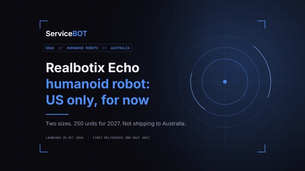 ServiceBOT news cover: Realbotix Echo humanoid robot, US only for now, with an abstract blue scanner graphic