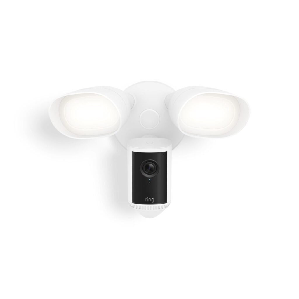 Ring Floodlight Camera Pro (2nd Gen) White, front view with lights on