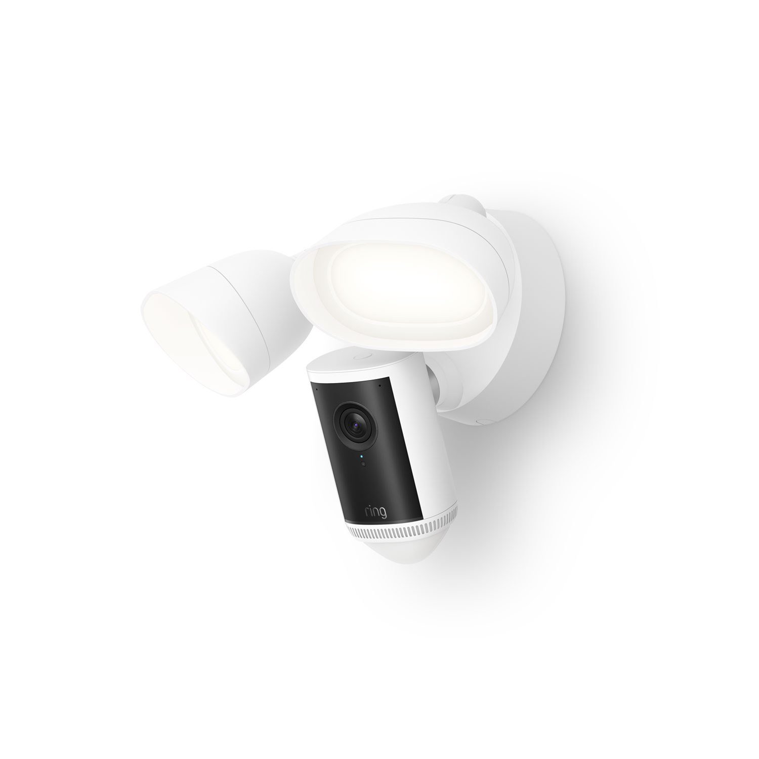 Ring Floodlight Camera Pro (2nd Gen) White, three-quarter view with lights on