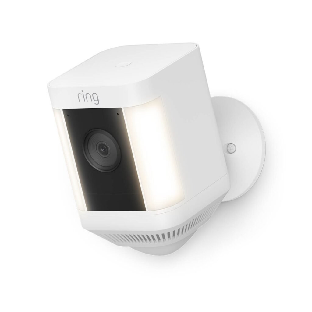 Ring Spotlight Cam Plus Battery in white, angled view