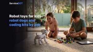 A girl smiles at a white robot dog toy while her brother builds a block coding robot on a living room rug