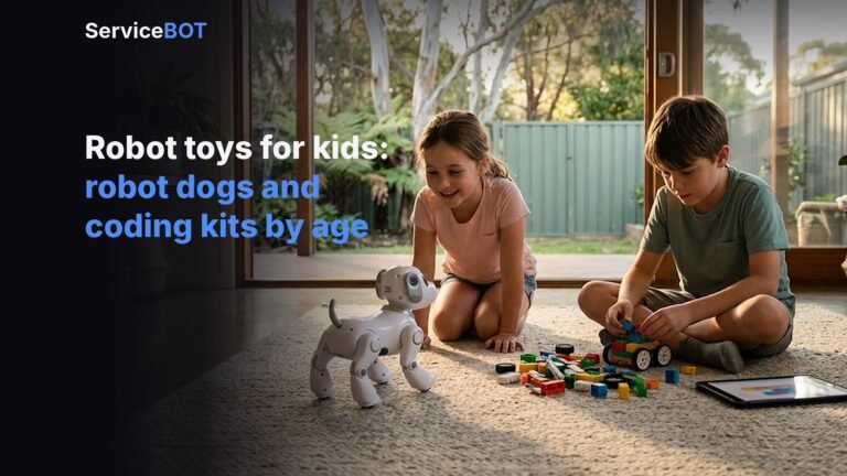 A girl smiles at a white robot dog toy while her brother builds a block coding robot on a living room rug
