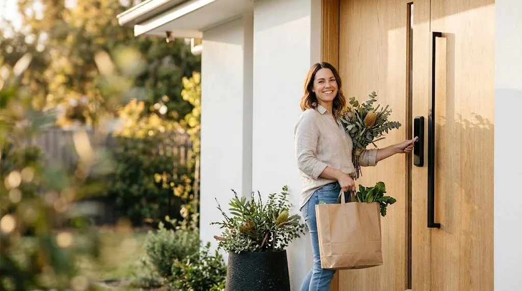 A woman arriving home with groceries and native flowers, pressing her finger on a smart lock on a timber front door