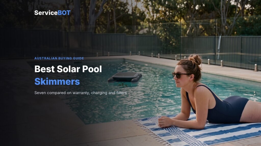 A woman in sunglasses lies on a towel beside a backyard pool while a small solar-powered robotic skimmer floats on the water behind her