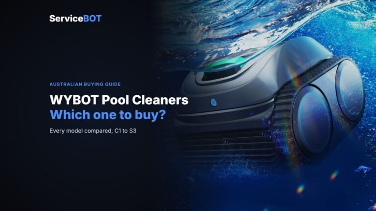 WYBOT C1 robotic pool cleaner underwater beside the headline WYBOT Pool Cleaners: which one to buy?